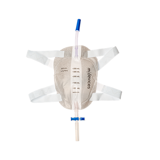 Leg Bag - T-TAP Non-Return Valve 10cm Short Tube with Bonded Step Connector and Silicone Lined Straps, 350mL